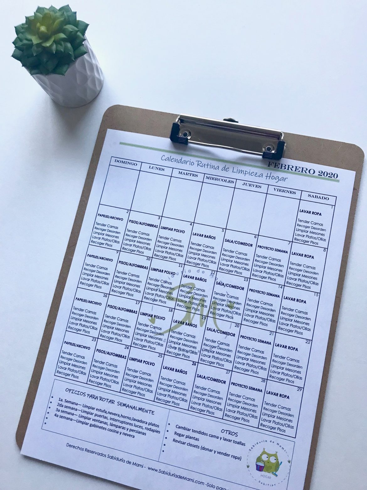 Calendario Gratis Rutina de Limpieza Febrero 2020