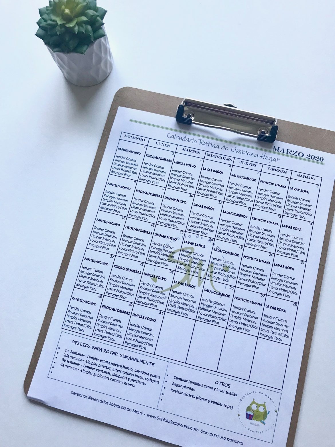 Calendario Gratis Rutina de Limpieza Marzo 2020