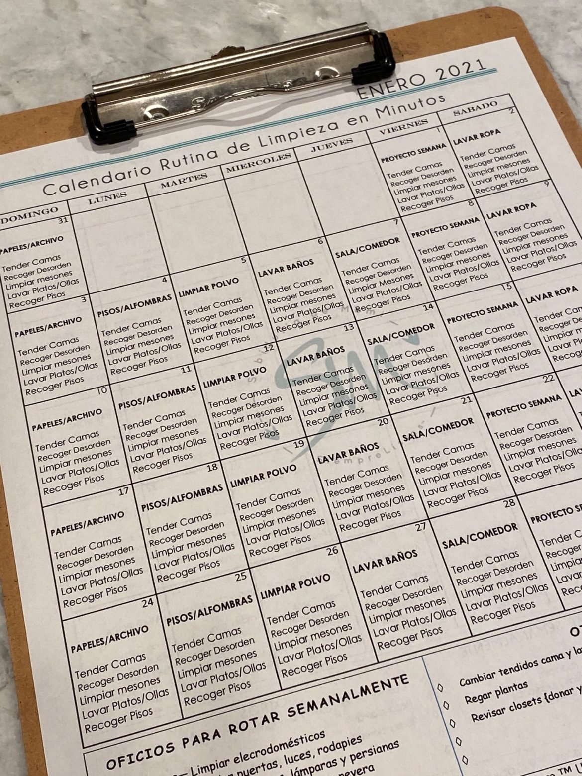Calendario Rutina de Limpieza Enero + Imprimible GRATIS